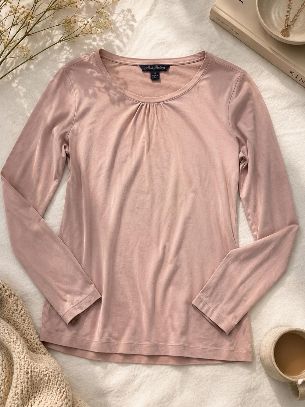 Brooks Brothers Blush Pink Long-Sleeve Pleated Neck Tee